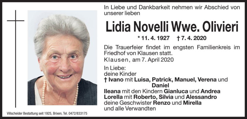  Traueranzeige für Lidia Olivieri vom 08.04.2020 aus Dolomiten