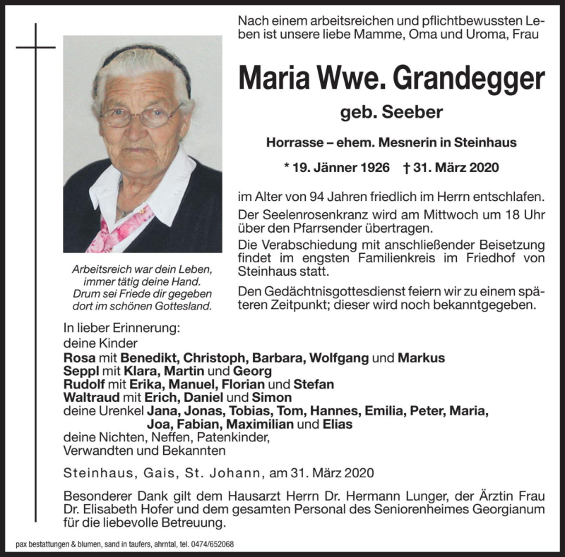  Traueranzeige für Maria Grandegger vom 01.04.2020 aus Dolomiten
