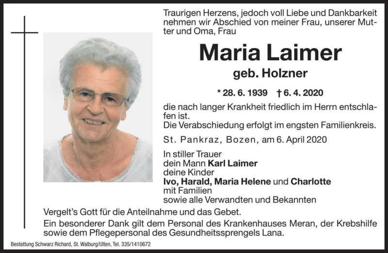  Traueranzeige für Maria Laimer vom 07.04.2020 aus Dolomiten
