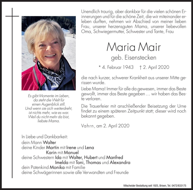  Traueranzeige für Maria Mair vom 03.04.2020 aus Dolomiten