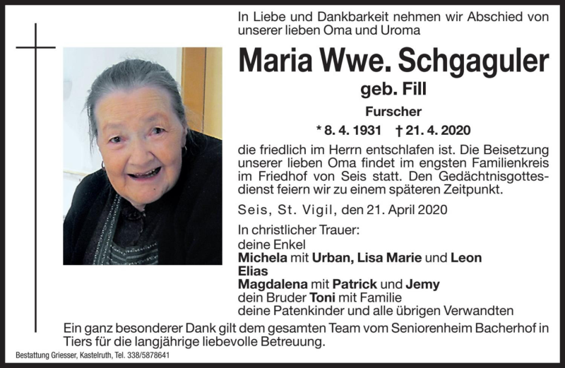  Traueranzeige für Maria Schgaguler vom 23.04.2020 aus Dolomiten