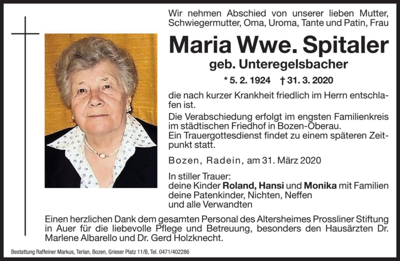  Traueranzeige für Maria Spitaler vom 02.04.2020 aus Dolomiten