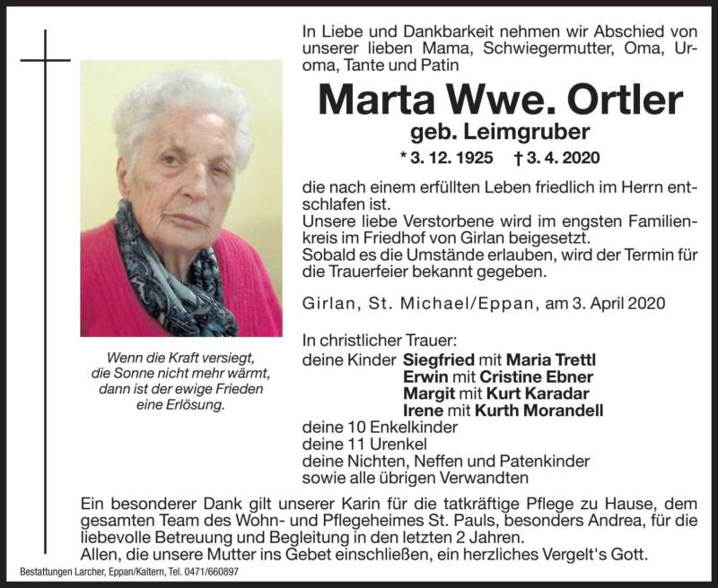  Traueranzeige für Marta Ortler vom 06.04.2020 aus Dolomiten
