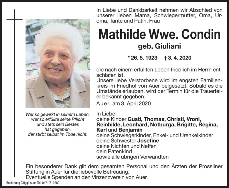  Traueranzeige für Mathilde Condin vom 06.04.2020 aus Dolomiten