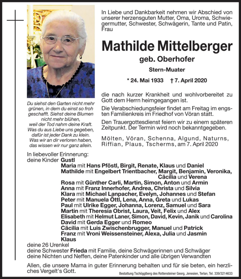  Traueranzeige für Mathilde Mittelberger vom 09.04.2020 aus Dolomiten