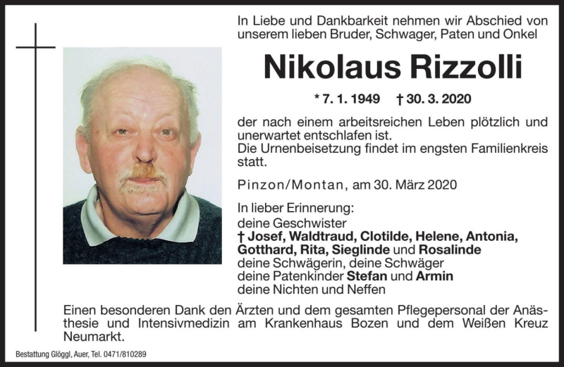  Traueranzeige für Nikolaus Rizzolli vom 01.04.2020 aus Dolomiten