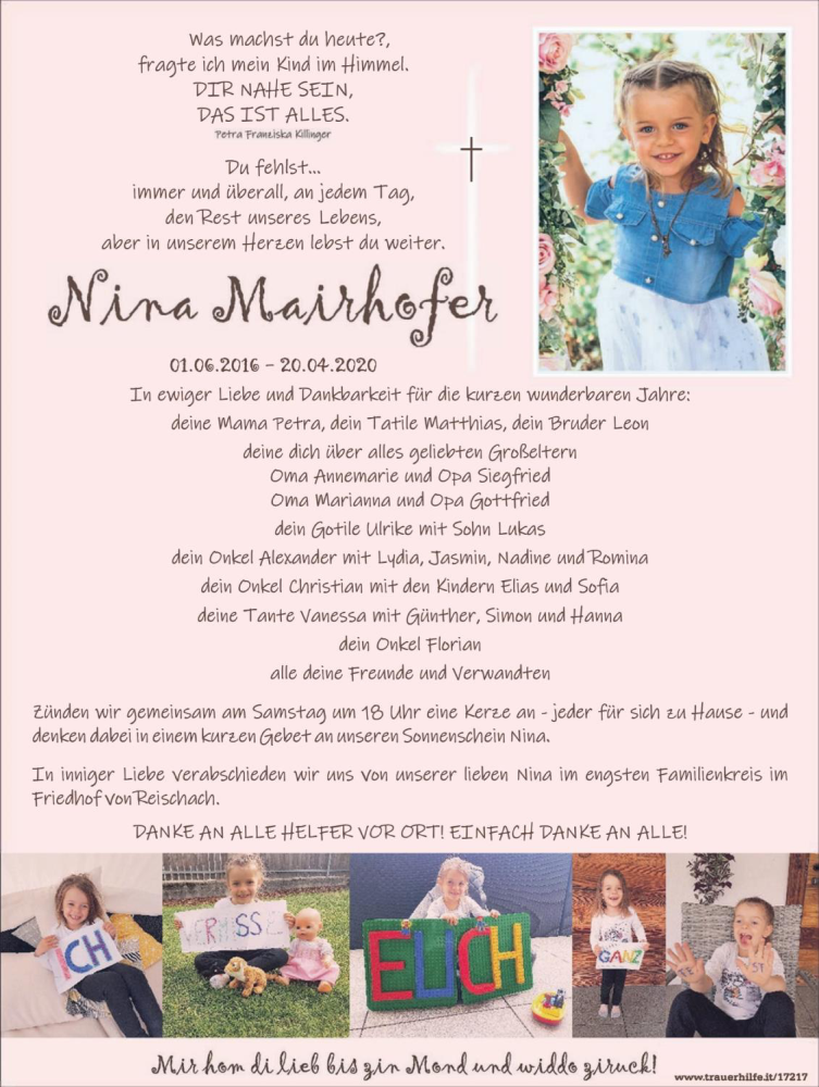  Traueranzeige für Nina Mairhofer vom 24.04.2020 aus Dolomiten