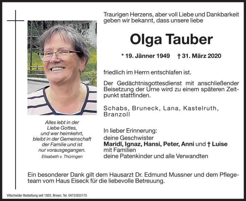  Traueranzeige für Olga Tauber vom 03.04.2020 aus Dolomiten