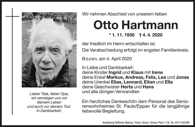  Traueranzeige für Otto Hartmann vom 06.04.2020 aus Dolomiten