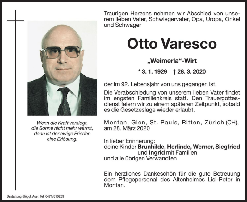  Traueranzeige für Otto Varesco vom 01.04.2020 aus Dolomiten