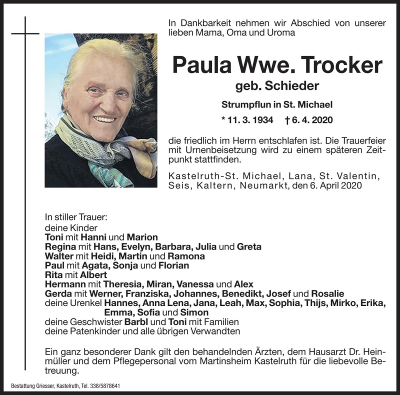  Traueranzeige für Paula Trocker vom 08.04.2020 aus Dolomiten