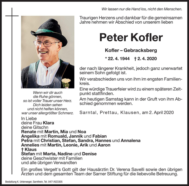  Traueranzeige für Peter Kofler vom 04.04.2020 aus Dolomiten