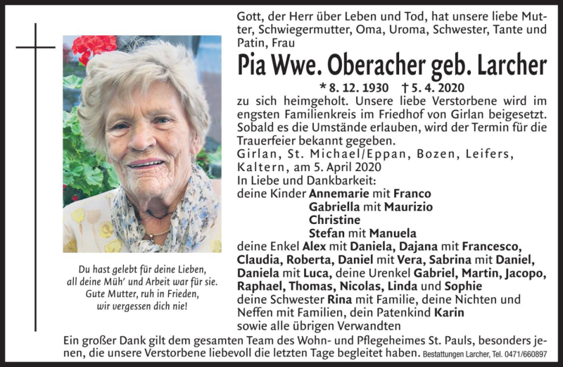  Traueranzeige für Pia Oberacher vom 07.04.2020 aus Dolomiten