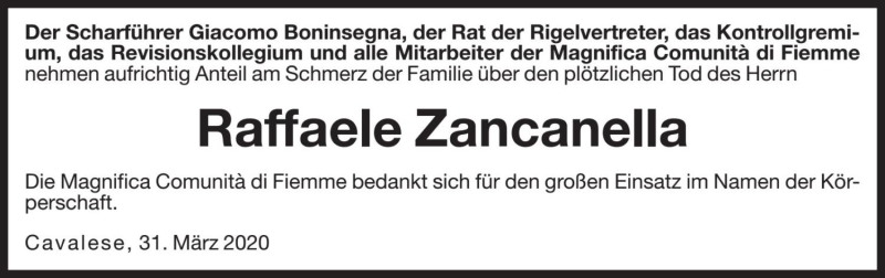  Traueranzeige für Raffaele Zancanella vom 01.04.2020 aus Dolomiten