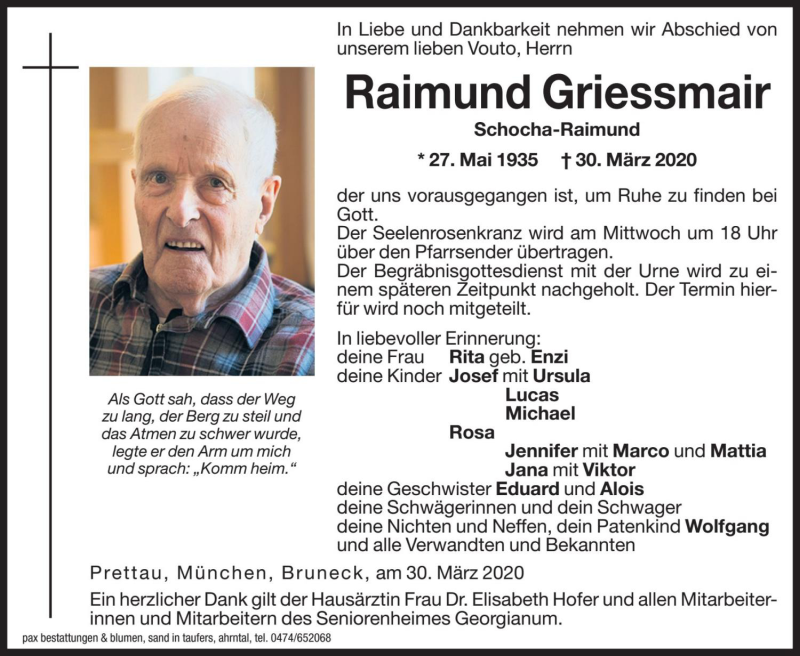  Traueranzeige für Raimund Griessmair vom 01.04.2020 aus Dolomiten