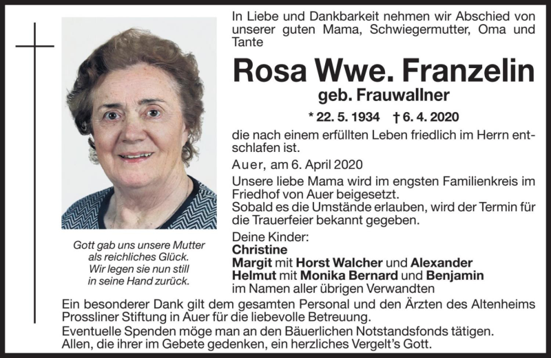  Traueranzeige für Rosa Franzelin vom 07.04.2020 aus Dolomiten