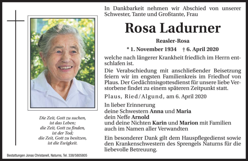  Traueranzeige für Rosa Ladurner vom 07.04.2020 aus Dolomiten