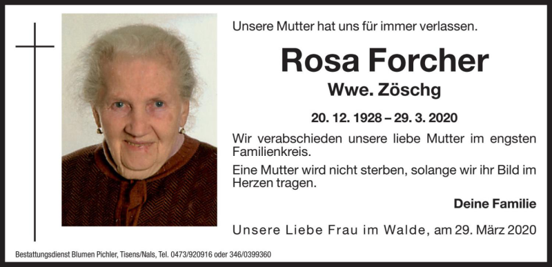  Traueranzeige für Rosa Zöschg vom 01.04.2020 aus Dolomiten