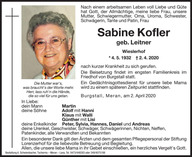  Traueranzeige für Sabine Kofler vom 04.04.2020 aus Dolomiten