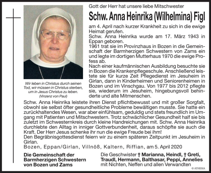  Traueranzeige für Schw. Anna Heinrika (Wilhelmina) Figl vom 06.04.2020 aus Dolomiten
