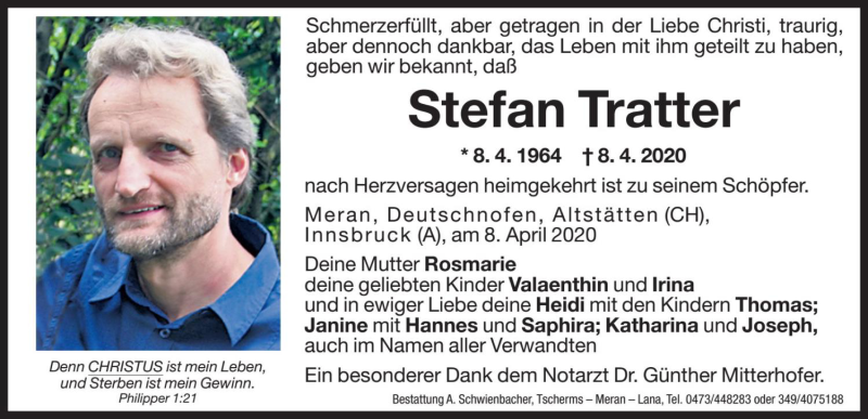  Traueranzeige für Stefan Tratter vom 10.04.2020 aus Dolomiten