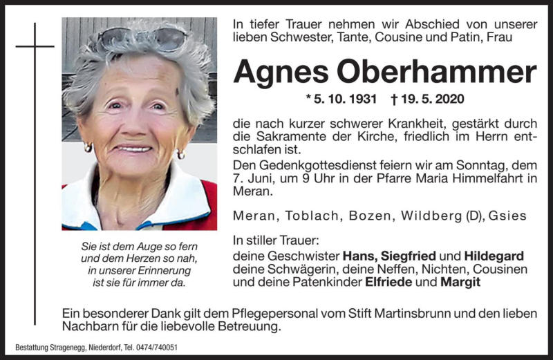  Traueranzeige für Agnes Oberhammer vom 22.05.2020 aus Dolomiten
