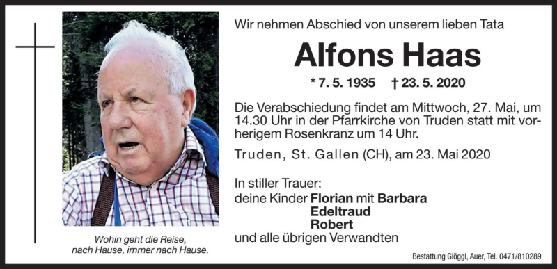  Traueranzeige für Alfons Haas vom 25.05.2020 aus Dolomiten