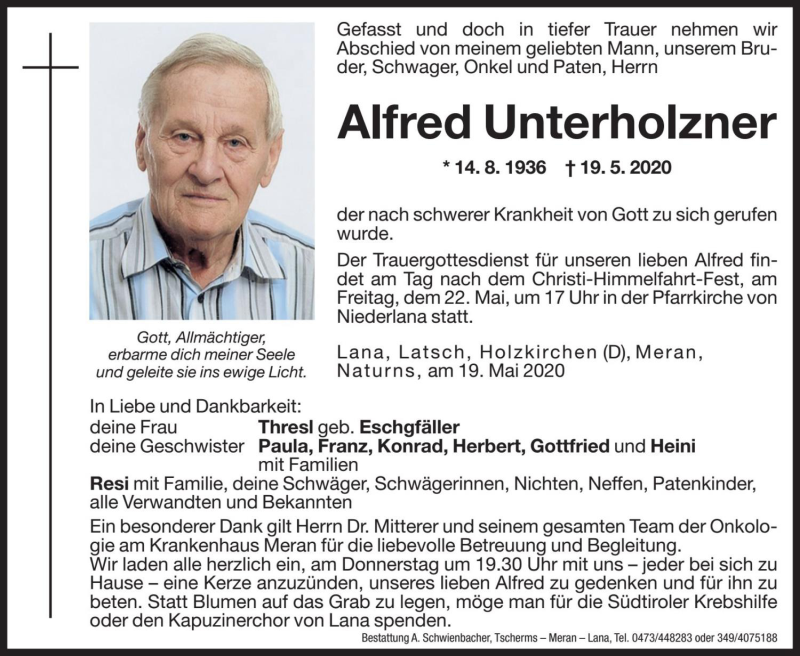  Traueranzeige für Alfred Unterholzner vom 20.05.2020 aus Dolomiten