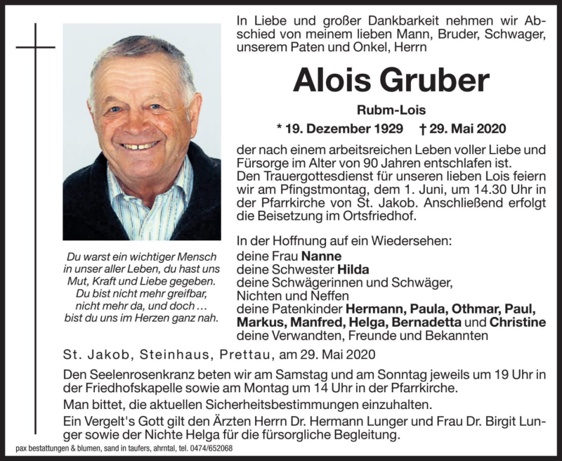  Traueranzeige für Alois Gruber vom 30.05.2020 aus Dolomiten