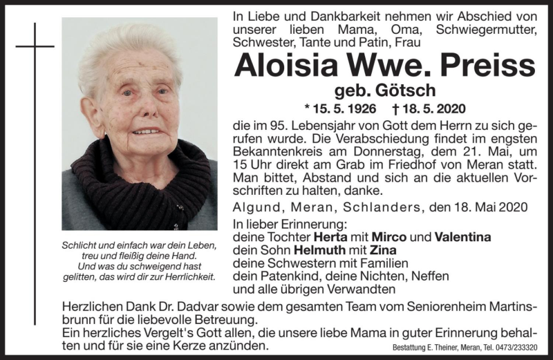  Traueranzeige für Aloisia Preiss vom 20.05.2020 aus Dolomiten