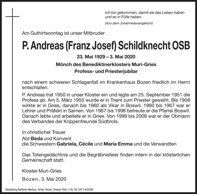  Traueranzeige für Andreas Schildknecht vom 05.05.2020 aus Dolomiten
