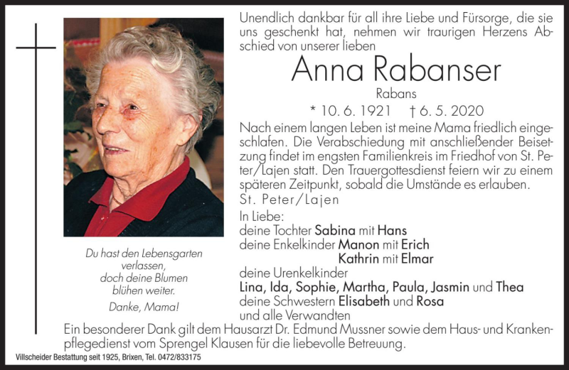  Traueranzeige für Anna Rabanser vom 08.05.2020 aus Dolomiten