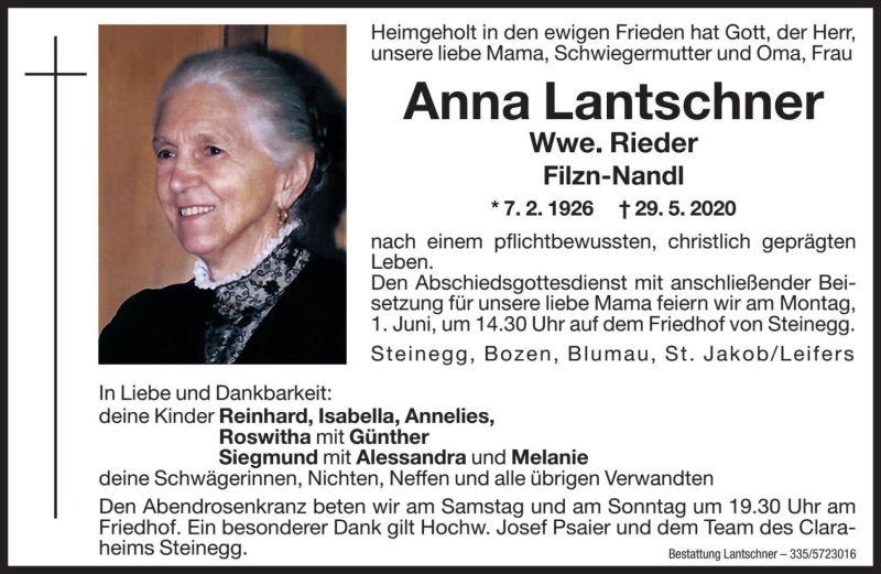  Traueranzeige für Anna Rieder vom 30.05.2020 aus Dolomiten