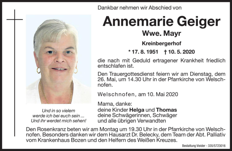  Traueranzeige für Annemarie Mayr vom 22.05.2020 aus Dolomiten