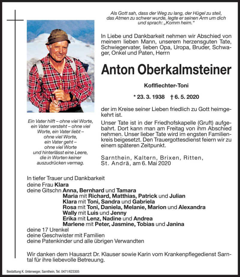  Traueranzeige für Anton Oberkalmsteiner vom 08.05.2020 aus Dolomiten