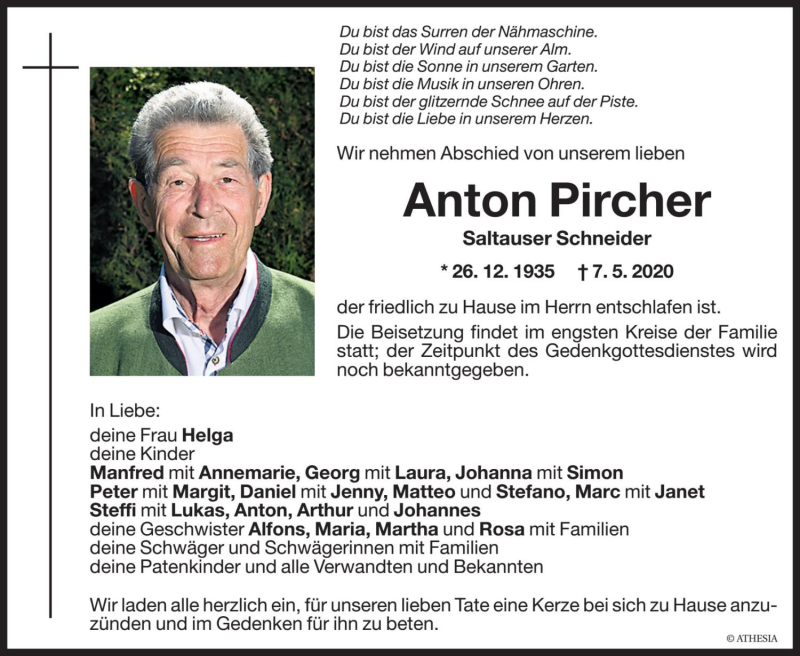  Traueranzeige für Anton Pircher vom 08.05.2020 aus Dolomiten
