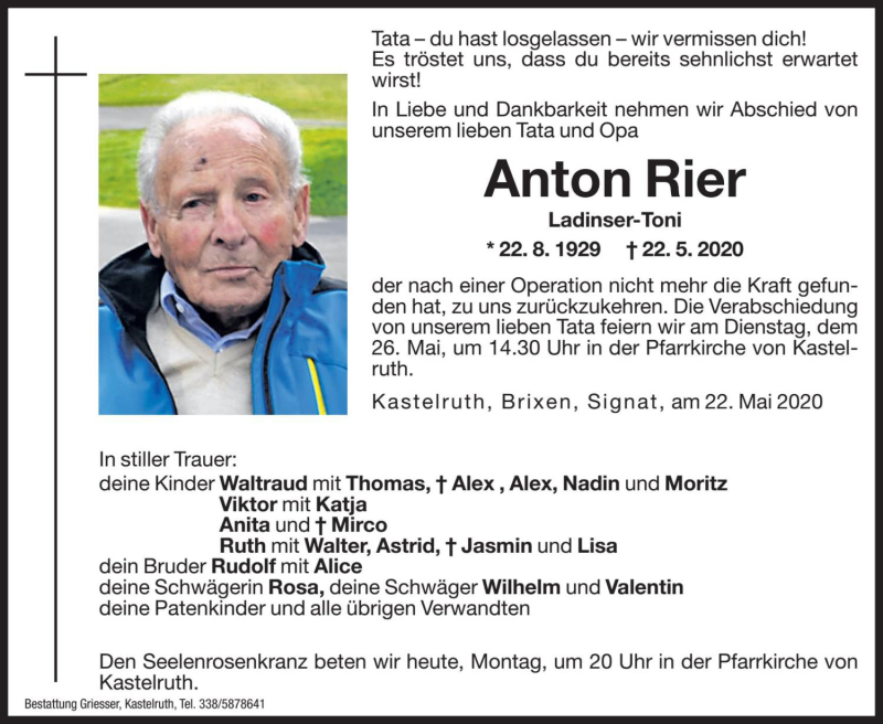  Traueranzeige für Anton Rier vom 25.05.2020 aus Dolomiten