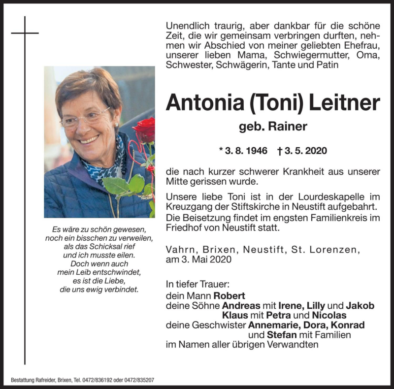  Traueranzeige für Antonia Leitner vom 05.05.2020 aus Dolomiten