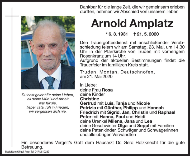  Traueranzeige für Arnold Amplatz vom 22.05.2020 aus Dolomiten