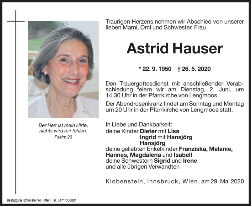  Traueranzeige für Astrid Hauser vom 29.05.2020 aus Dolomiten