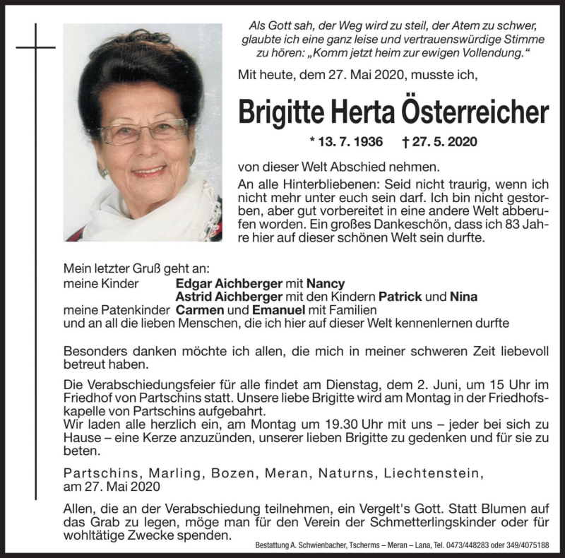  Traueranzeige für Brigitte Herta Österreicher vom 29.05.2020 aus Dolomiten
