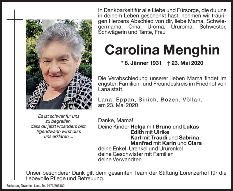  Traueranzeige für Carolina Menghin vom 25.05.2020 aus Dolomiten