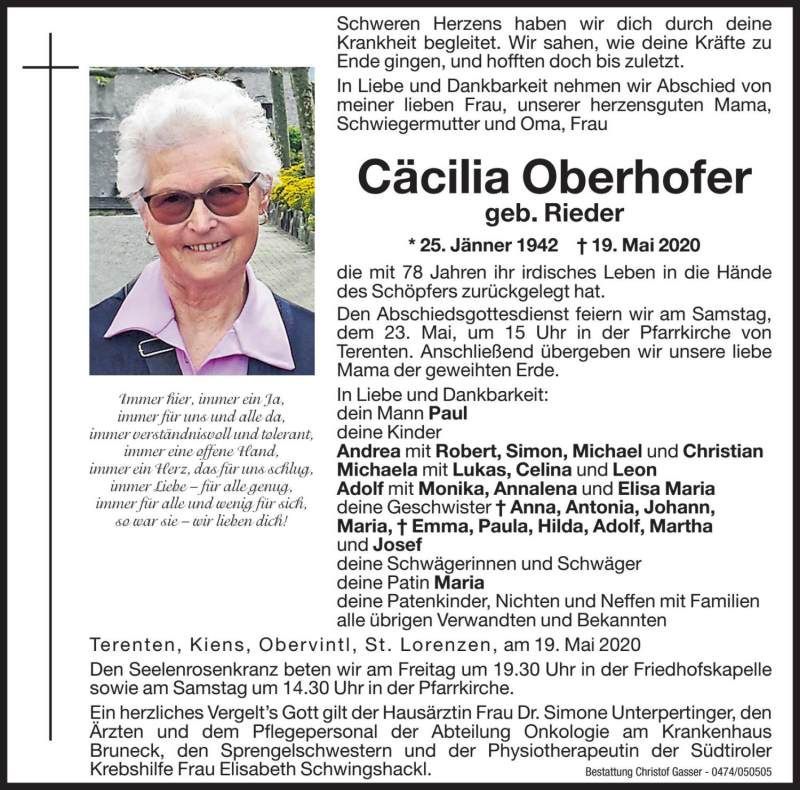  Traueranzeige für Cäcilia Oberhofer vom 22.05.2020 aus Dolomiten