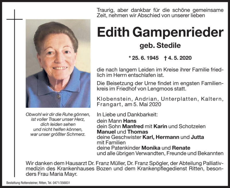  Traueranzeige für Edith Gampenrieder vom 05.05.2020 aus Dolomiten