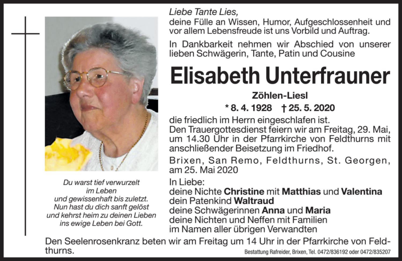  Traueranzeige für Elisabeth Unterfrauner vom 27.05.2020 aus Dolomiten