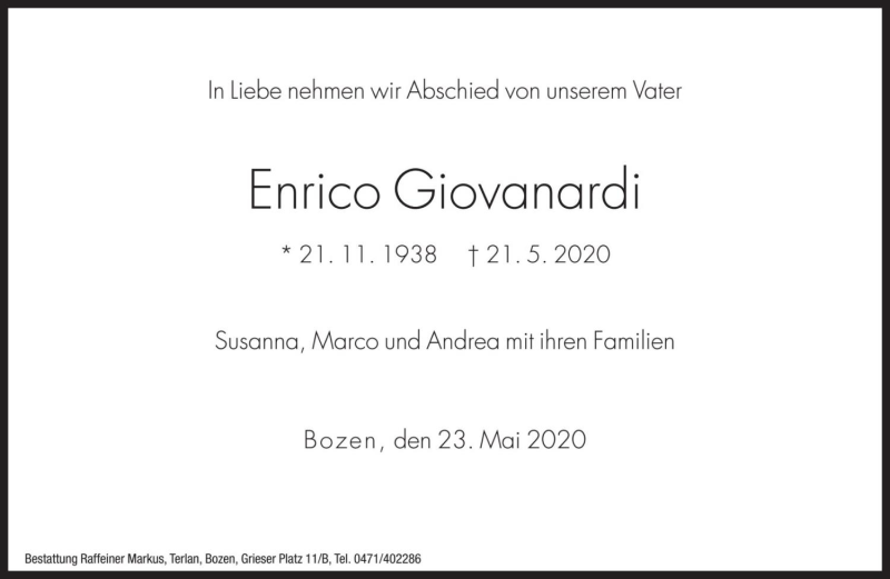  Traueranzeige für Enrico Giovanardi vom 23.05.2020 aus Dolomiten