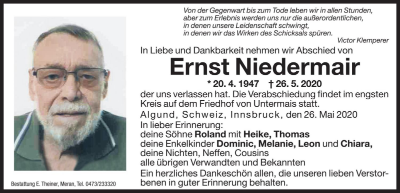  Traueranzeige für Ernst Niedermair vom 29.05.2020 aus Dolomiten