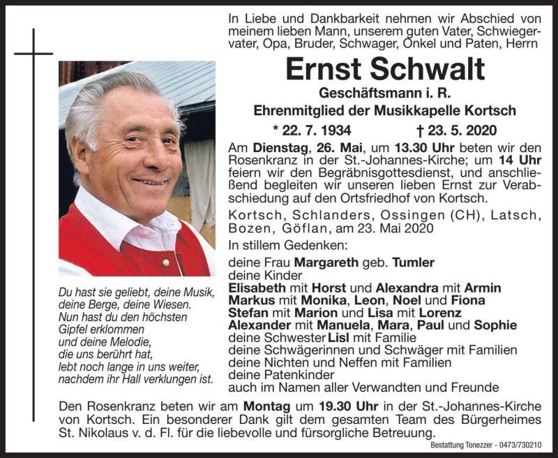  Traueranzeige für Ernst Schwalt vom 25.05.2020 aus Dolomiten