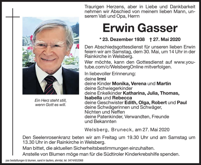  Traueranzeige für Erwin Gasser vom 29.05.2020 aus Dolomiten