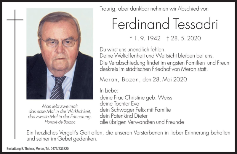  Traueranzeige für Ferdinand Tessadri vom 29.05.2020 aus Dolomiten
